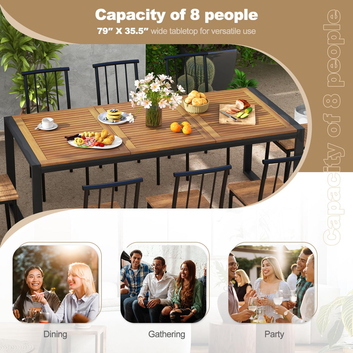 Tangkula 79 Inches Acacia Wood Outdoor Dining Table for 8, Large Rectangular Patio Table with 1.9" Umbrella Hole, Heavy Duty Metal Legs & Adjustable Foot Pads, Outside Table for Patio, Garden, Yard
