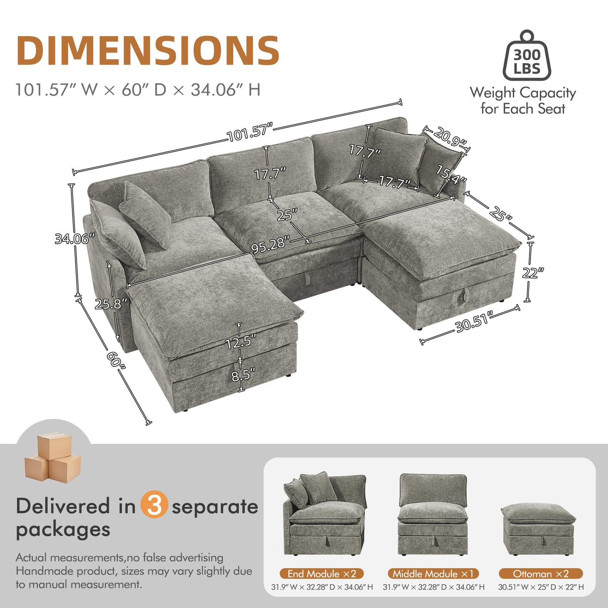 WorthFurni Modular Sectional Sofa with Storage Ottomans,103" U-Shaped Cloud Couch,Comfy Modern Couches with Pillows & Upholstered Deep Seat Cushion for Apartment Living Room Bedroom（Gray）