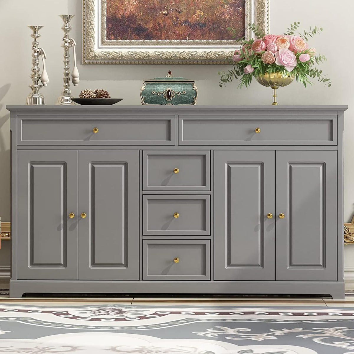 AIEGLE Grey Kitchen Sideboard Buffet Cabinet with 4 Doors & 5 Drawers, 59.1" W Large Storage Cabinet Console Table Entryway Cupboard, Wood Buffet Server Bar for Dining Living Room