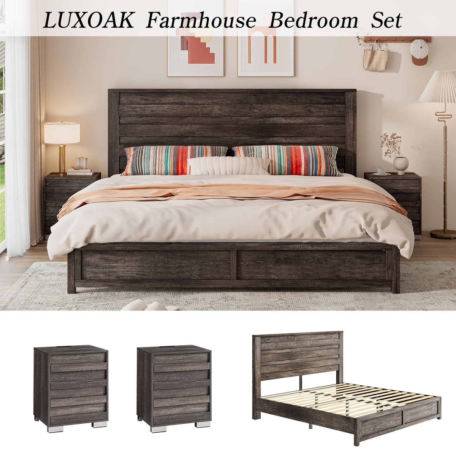 LUXOAK 3 Pcs Bedroom Furniture Sets,Includes Farmhouse King Size Bed Frame with 49" Tall Headboard and Nightstand Sets of 2 with Charging Station, Slated Handles & Stainless Steel Feet, Rustic Grey