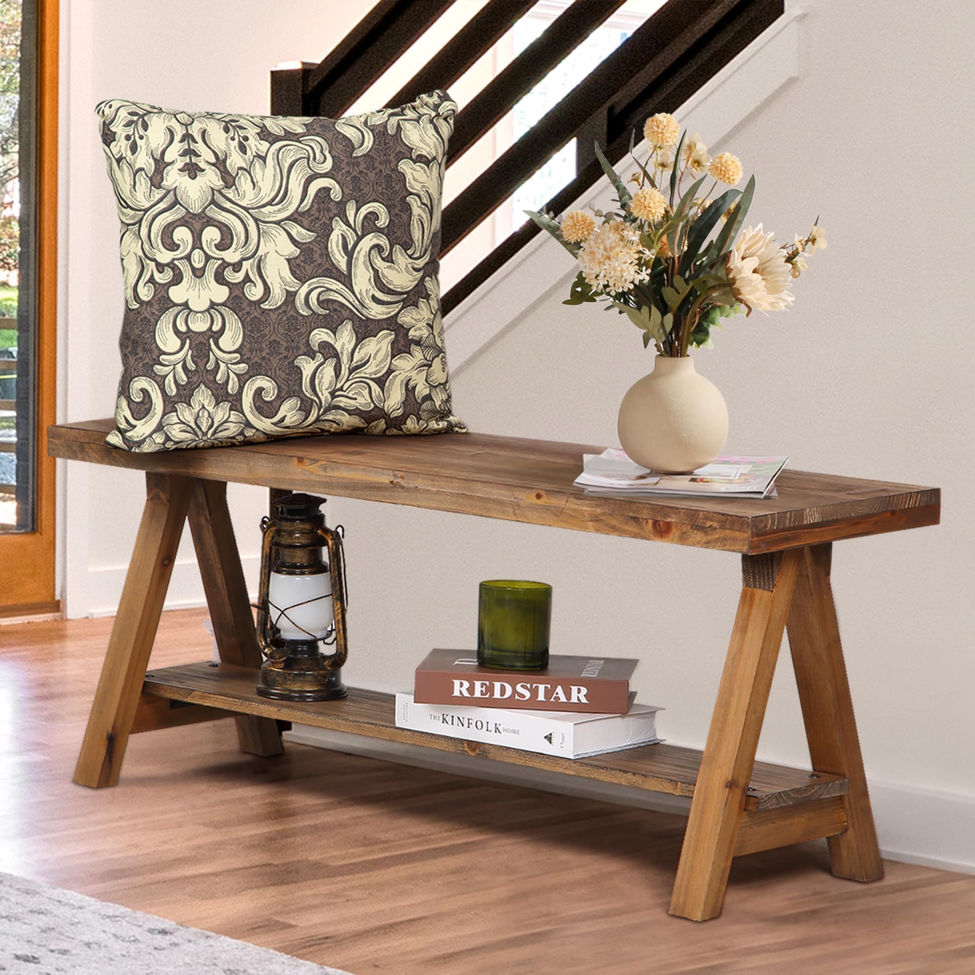 Wnutrees 43" Farmhouse Wood Bench, Long Rustic Indoor Storage Bench for Entryway, Living Room, End of Bed, Original Solid Wood Construction