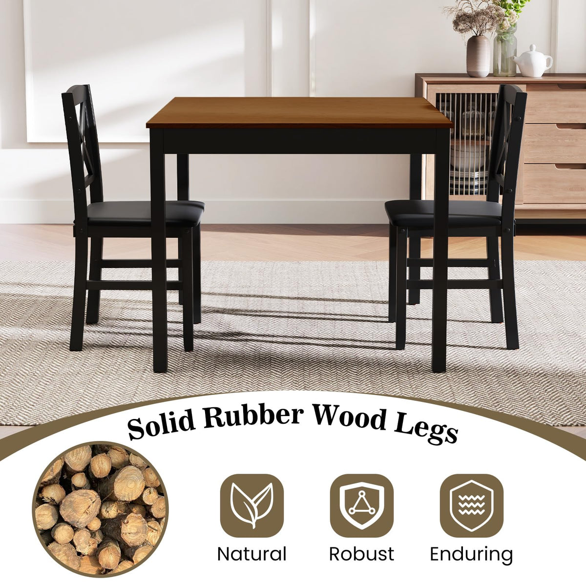 GIANTEX 3-Piece Dining Table Set for 2 - Small Wooden Kitchen Table with Upholstered PVC Leather Chairs, Rubber Wood Legs, Modern Compact Dining Set for Dinner, Kitchen, Restaurant, Dinette (Brown)