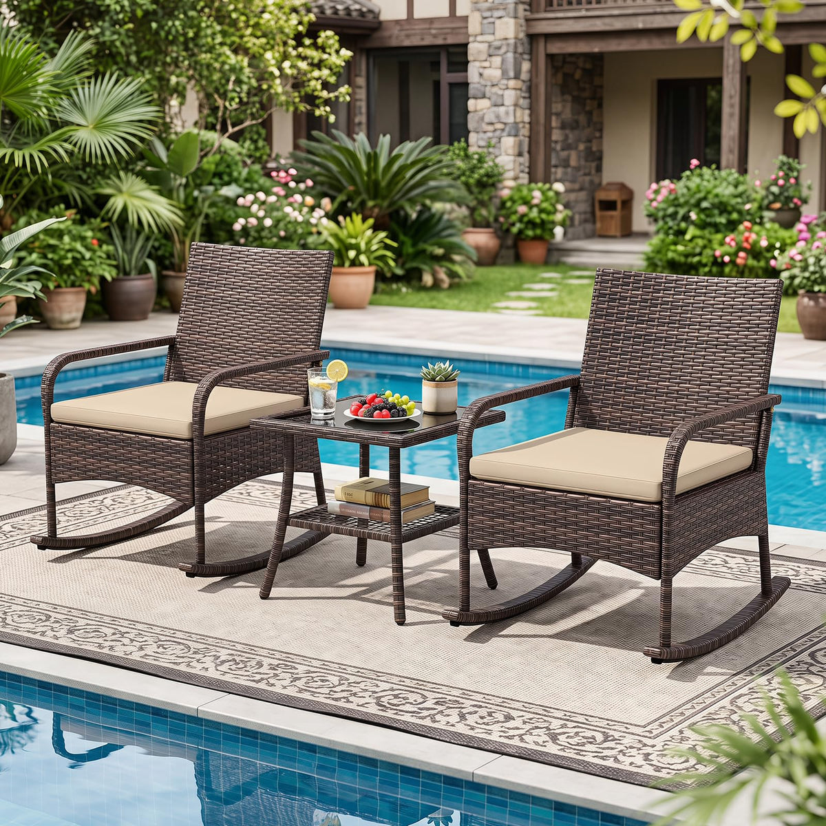 Tangkula 3-Piece Outdoor Wicker Rocking Bistro Set with 2-Tier Coffee Table