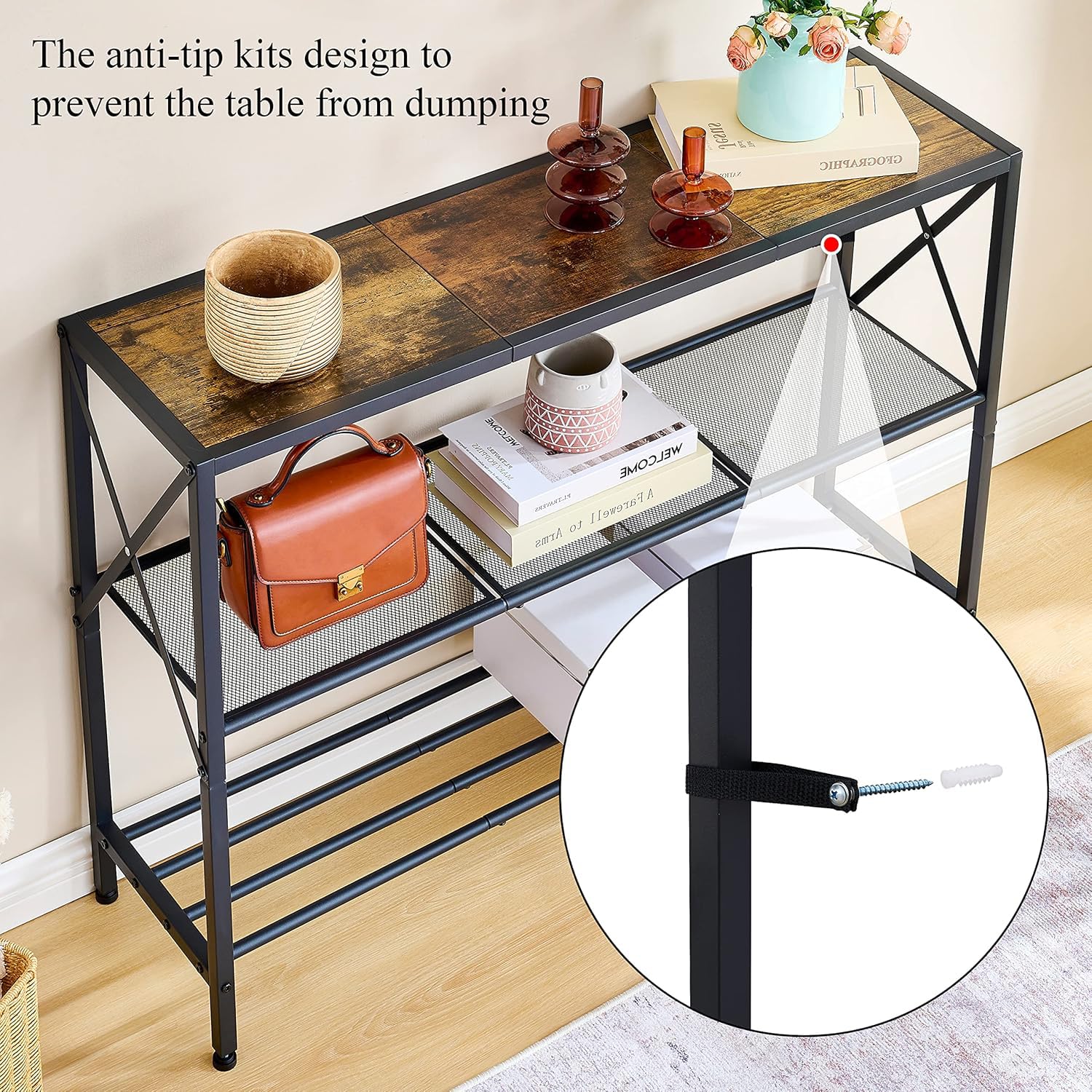 Hoctieon Industrial Console Table, 3 Tier Entryway Table, Hallway Table, Narrow Sofa Table with Shelves, Entrance Table for Entryway, Living Room, Foyer, Hallway, Office, Rustic Brown&Black