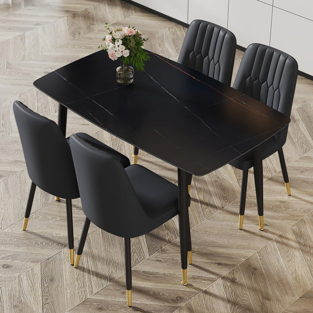 WEKEOT 50" Rectangular Sintered Stone Dining Table for 4 Minimalist Kitchen Table with Black Metal Legs Dinner Table for Kitchen Dinette Breakfast Nook (1 Table, Black)