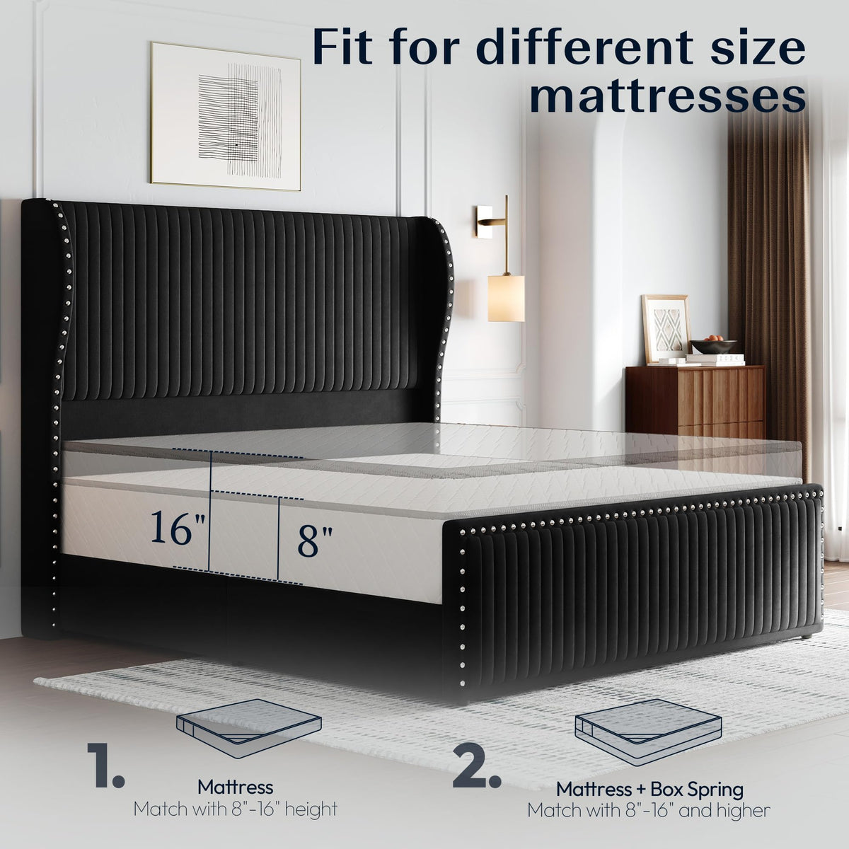Belffin King Size Bed Frame with 55" Headboard Nailhead Trim Design, White
