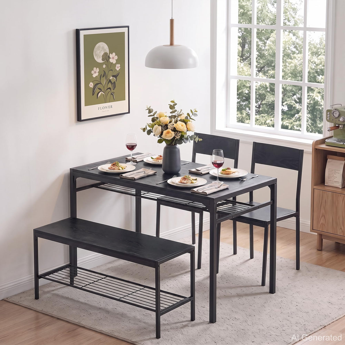 VECELO Kitchen Dining Room Table with 2 Chairs & Bench, Compact Space-Saving Design, Easy Assembly Steel Frame, Perfect for Small Apartments & Breakfast Nooks，Classic Black