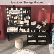 GarveeHome 61 in Make up Vanity Desk with Mirror and Lights, Black Vanity with 8 Wide Storage Drawers & 2 Tier Shelves, 3 Lighting Modes with Adjustable Brightness for Bedroom