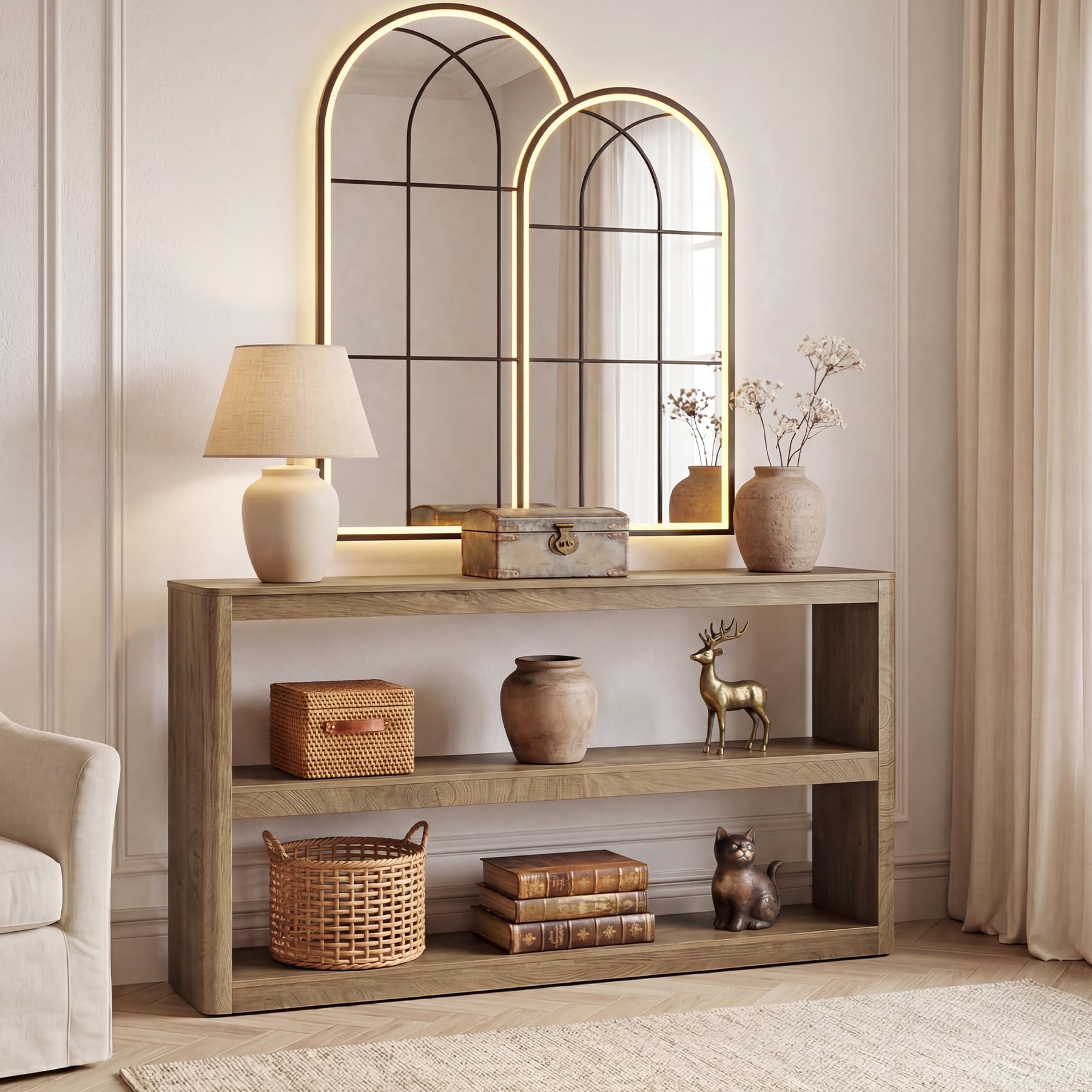 LITTLE TREE 63-Inches Console Table, Modern Sofa Table with 3 Storage Shelves, Narrow Entryway Furniture Living Room, Entrance, Hallway, Foyer, Brown