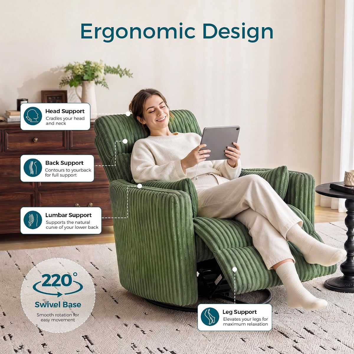 Green Corduroy Power Swivel Recliner
