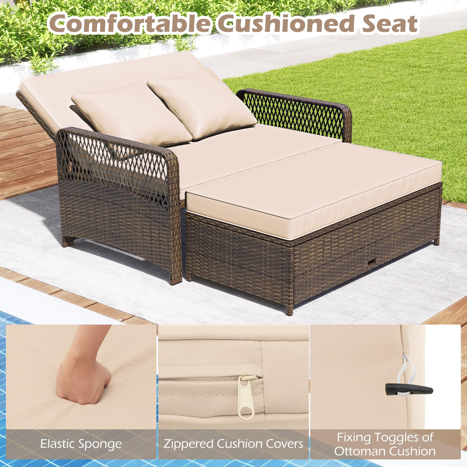 Patio Rattan Daybed with Storage Ottoman
