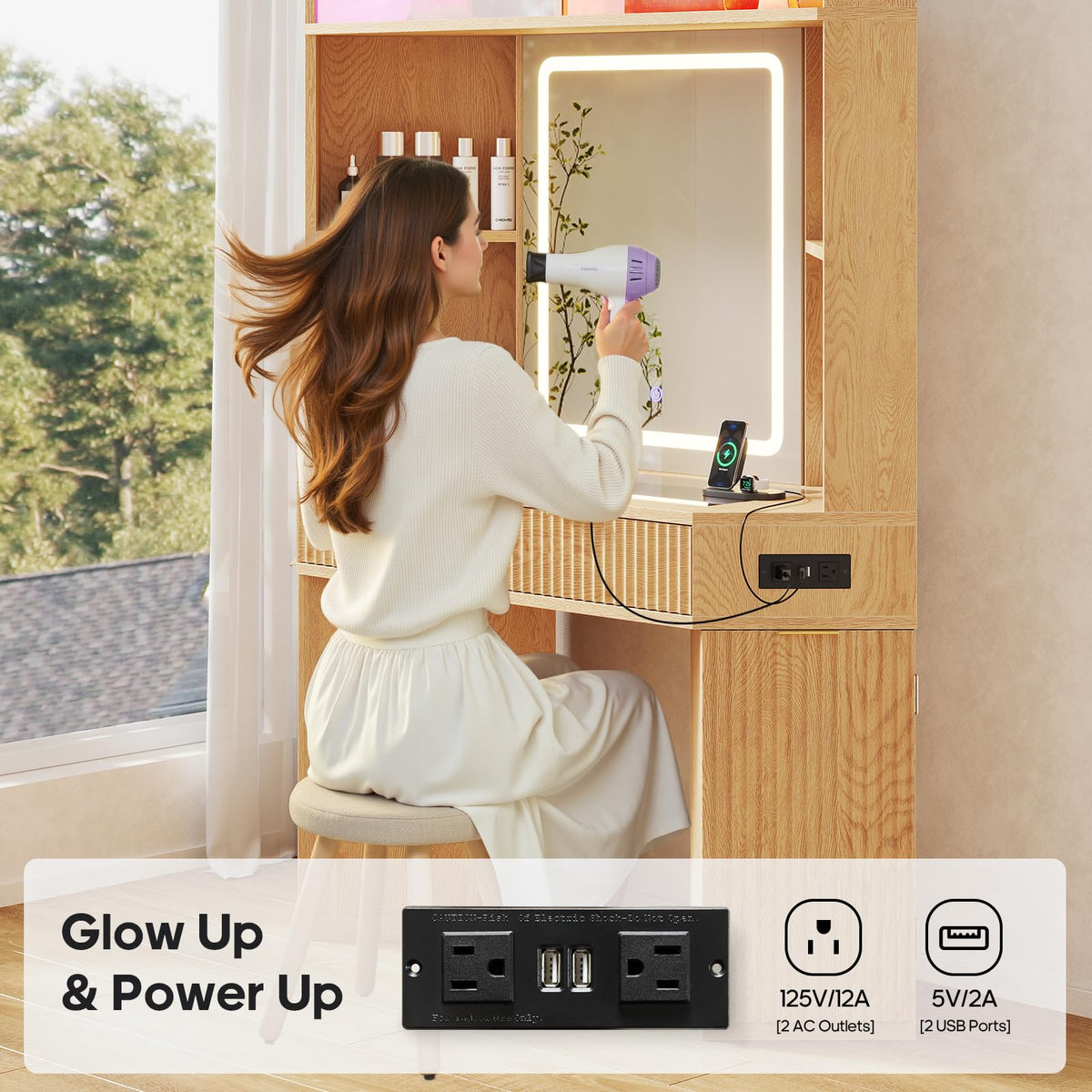 67" Corner Vanity Desk, Large Cabinet, Music Sync LED Lights, Power Hub
