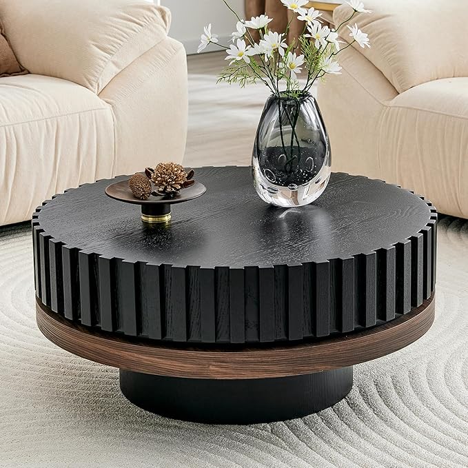Fluted Drum Coffee Table with Wood Veneer Top