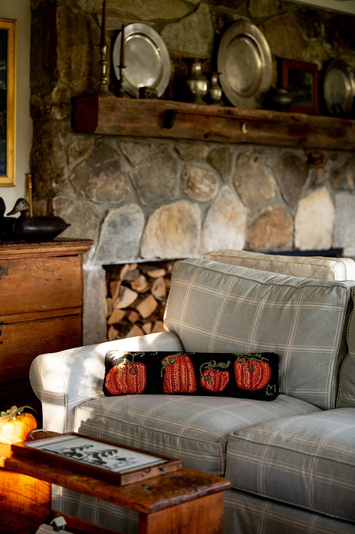 Hand-Hooked Wool Pumpkin Lumbar Pillow