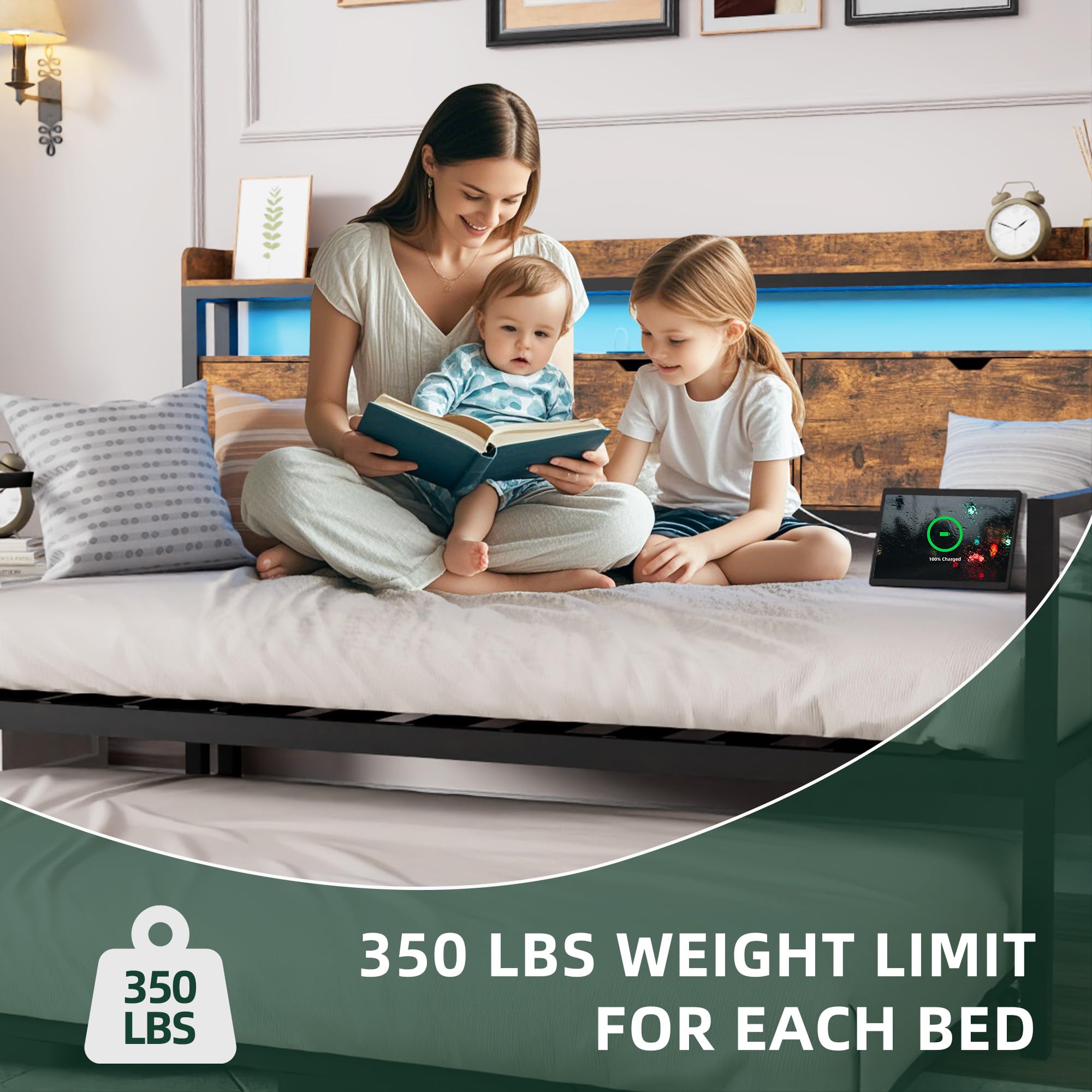 MU Twin Daybed with Trundle and Storage Headboard, Heavy Duty Metal Twin Bed Frame with Charging Station & LED Light, Day Bed with Pop Up Trundle Bed Twin for Living Room, Bedroom, Rustic Brown