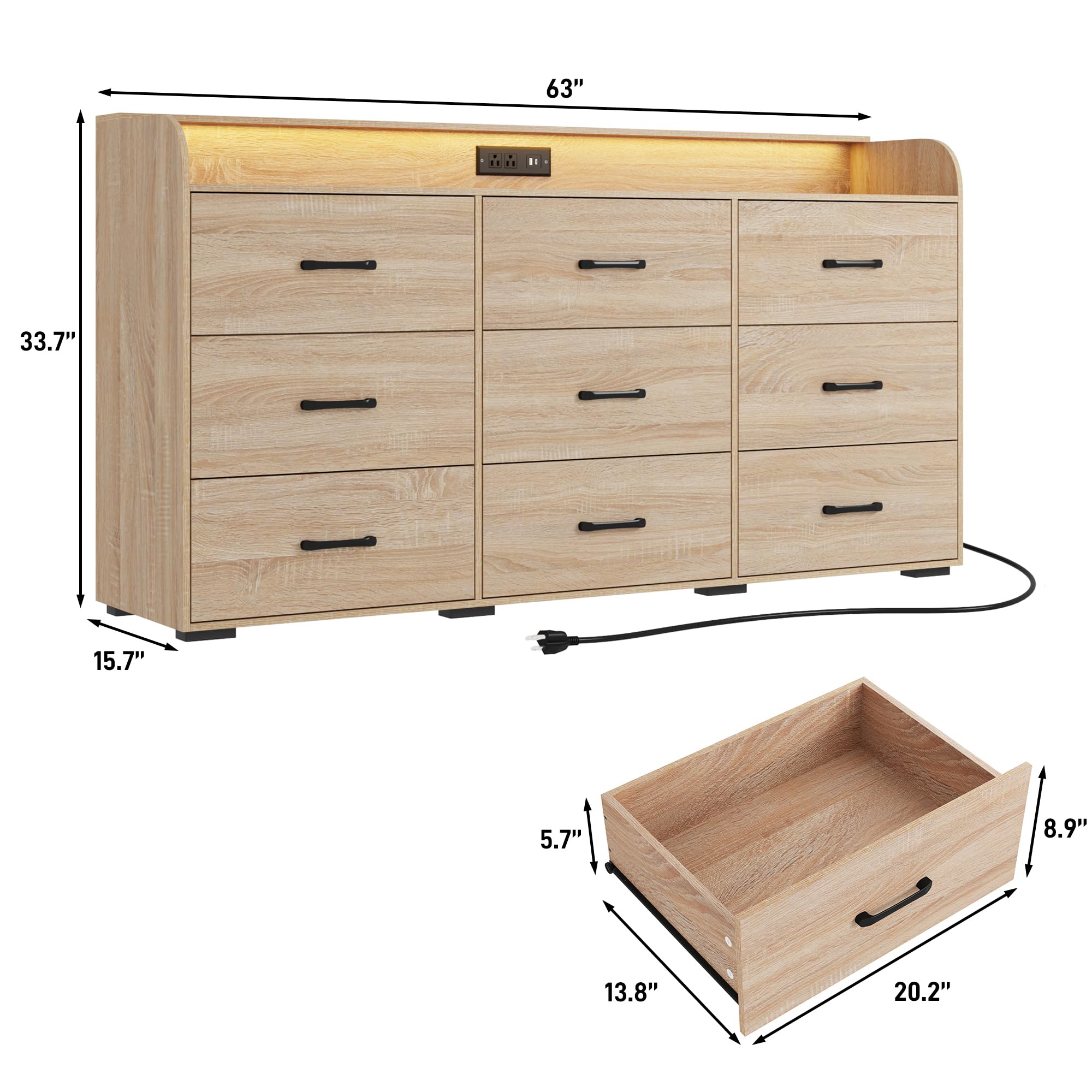 9 Drawers Dresser for Bedroom, 63" Wood Dresser with Power Outlet, LED Lights and Deep Drawers, Wide Chest of Drawers, Modern Minimalist Closet Dressers for Kids Bedroom, Living Room, Nursery, Oak