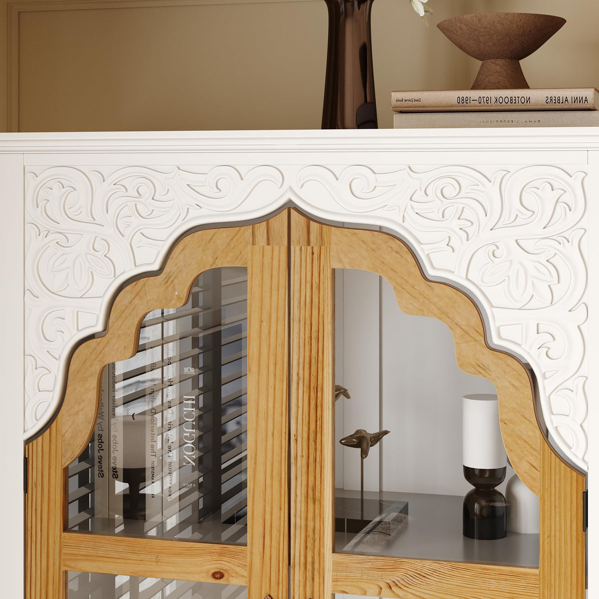 HOMSETTIE 70.9" H Tall Kitchen Pantry with Glass Doors, Shelves & Drawer, Curio Display Storage Cabinet with Carved Patterns, Farmhouse Cupboard China Cabinet for Living Dining Room, White & Brown