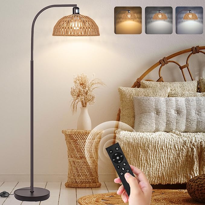 Rattan Floor Lamp with Remote & Dimmable Bulb