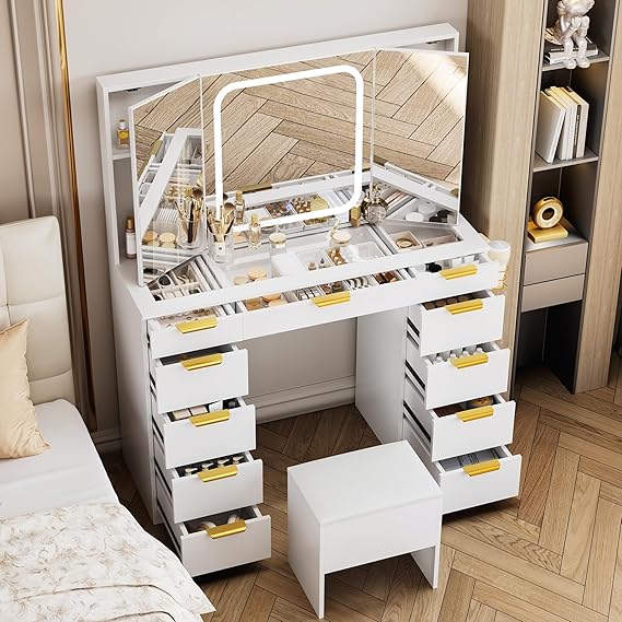 Vanity Desk with Foldable Mirror & LED Lights