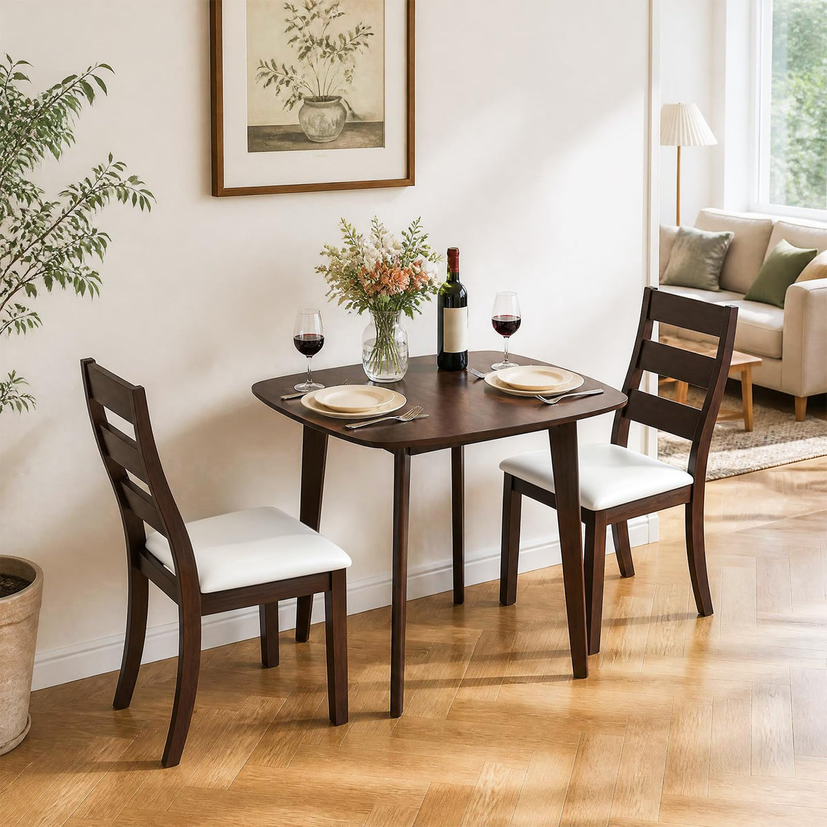GIANTEX Small Dining Table Set for 2, Wood Square Kitchen Table and 2 Dinner Chairs with Upholstered Seat & Curved Backrest, Space-Saving Dinette Set for Small Space, Living Room, Dining Room