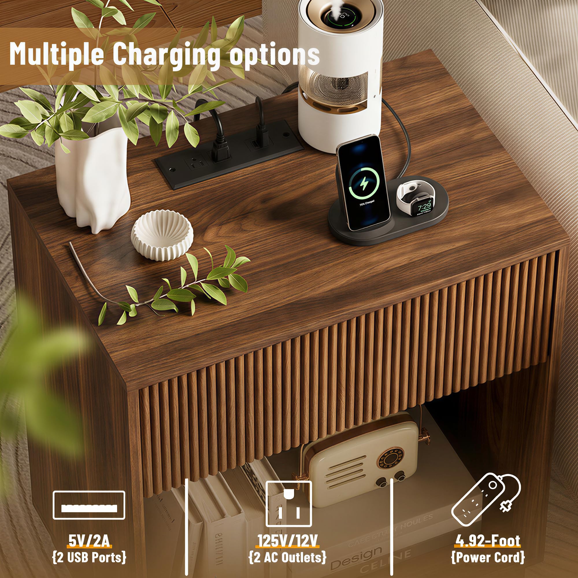 Fluted Nightstands Set of 2, Night Stand with Charging Station, Modern Bed Side Table with Drawer and Storage Shelf, Wood Mid Century End Table for Bedroom Living Room (Walnut)