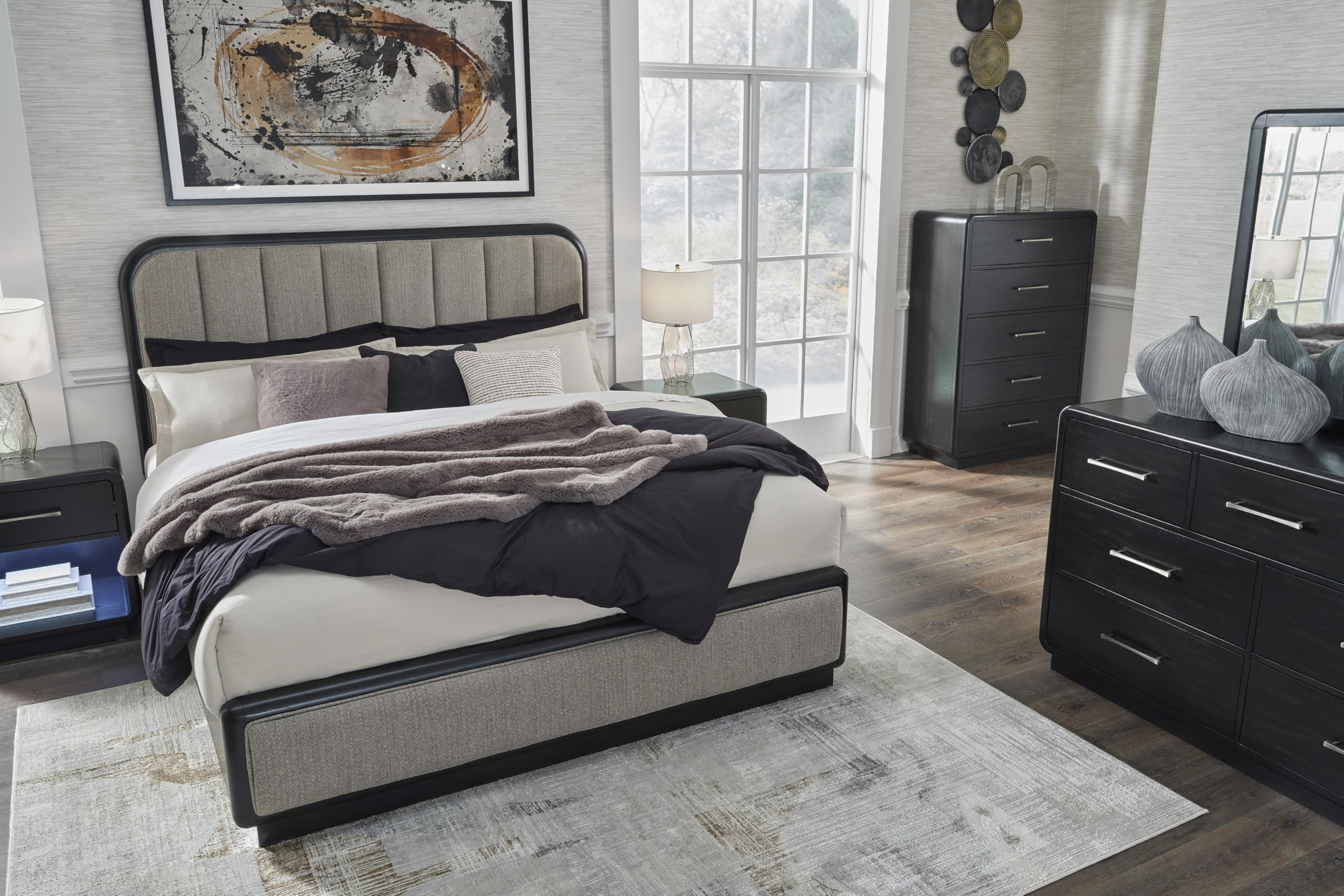 Signature Design by Ashley Rowanbeck Modern 5 Drawer Chest with Felt-Lined Top Drawer and Safety Stop, Black