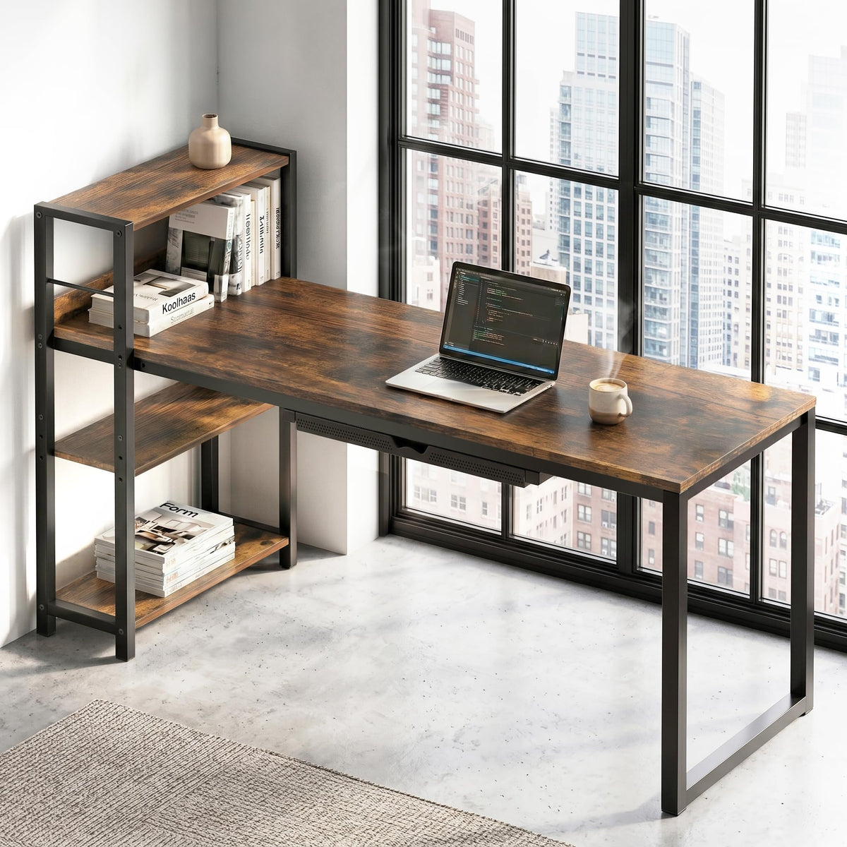 SHW 46-Inch Home Office Computer Desk w/Side Shelf & Drawer, Rustic Brown