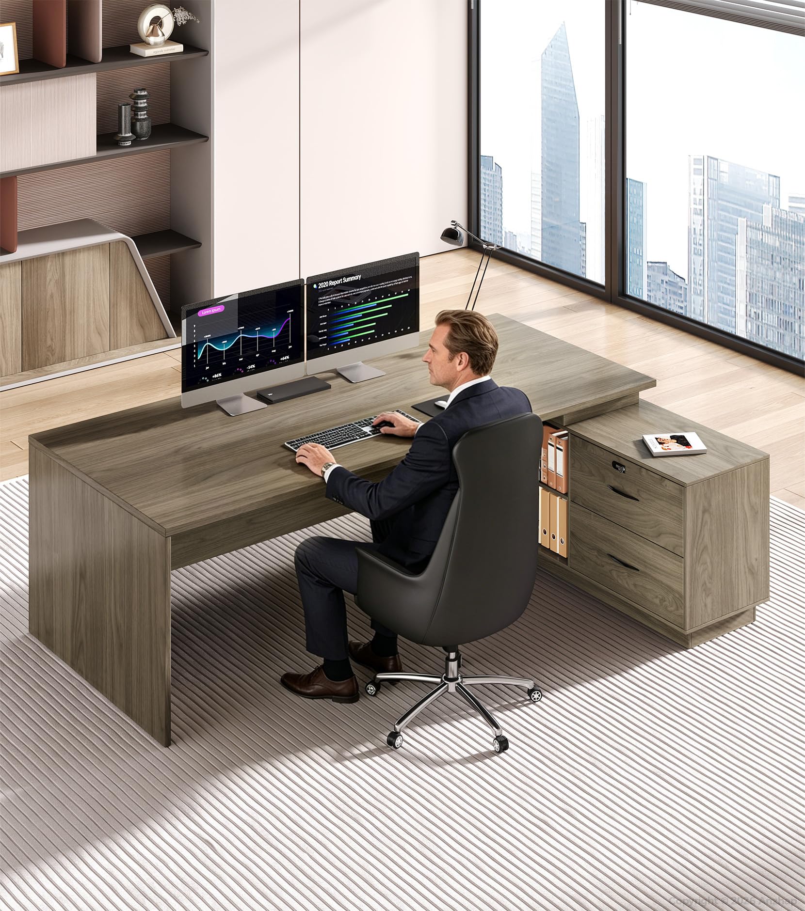 L-Shaped Executive Desk with Power Outlets & USB Ports