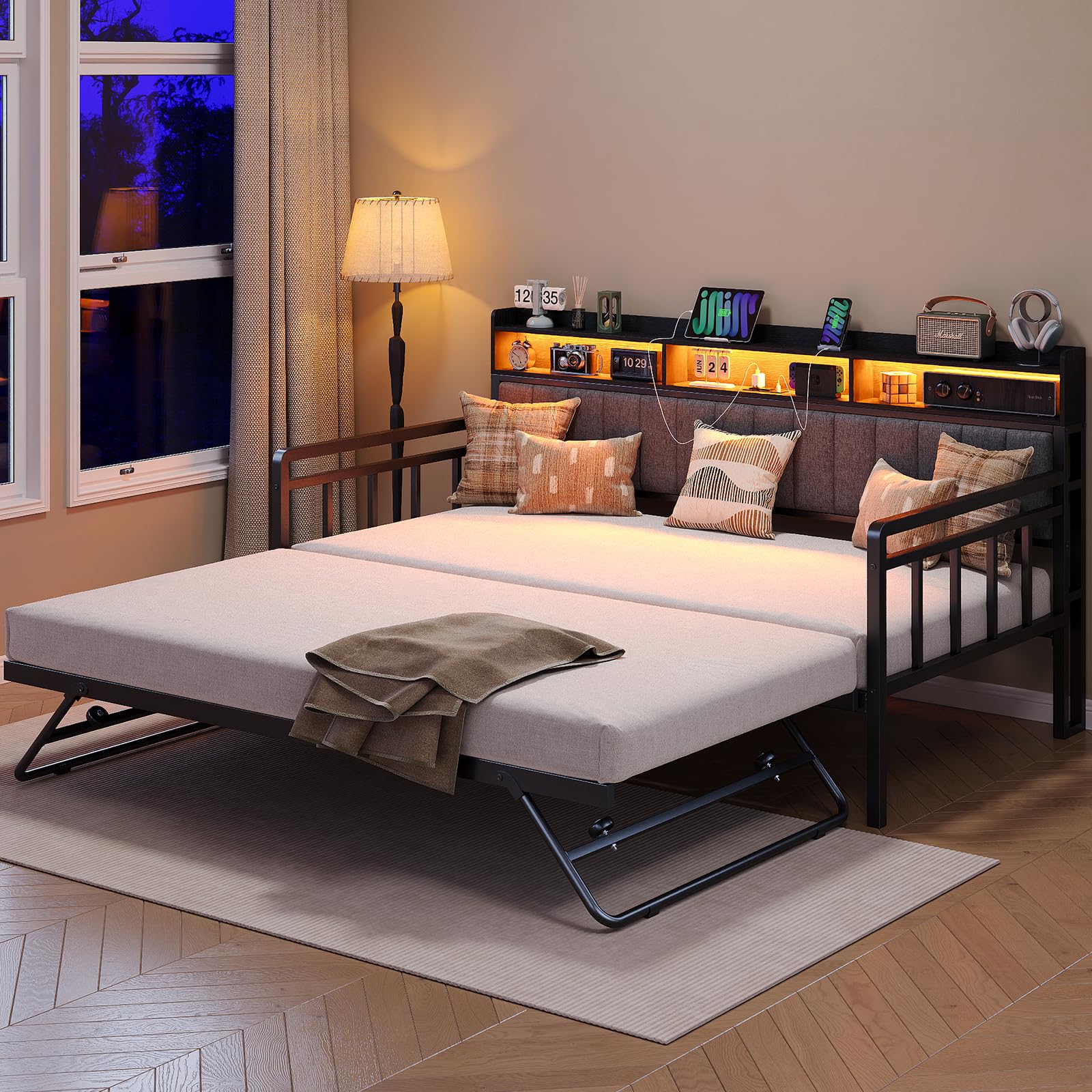 Daybed with Trundle & RGB Lights, Twin Sofa Bed Frame with Charging Station, Pull Point Day Bed with Storage Headboard, Heavy Duty Metal Trundle Bed Twin for Living Room, Bedroom, Guest Room
