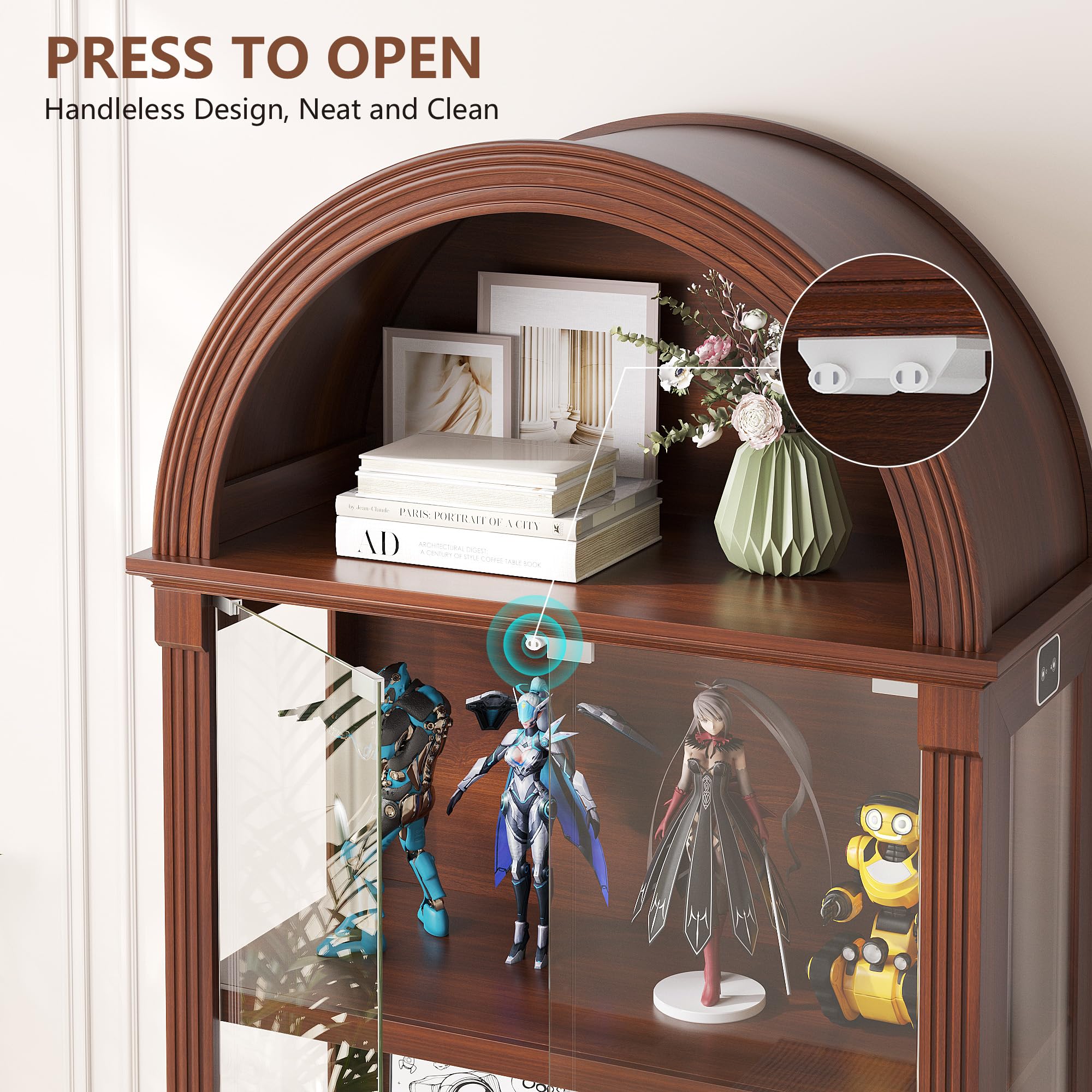 Arched Glass Display Cabinet with LED Sensor Lights, 4-Tier
