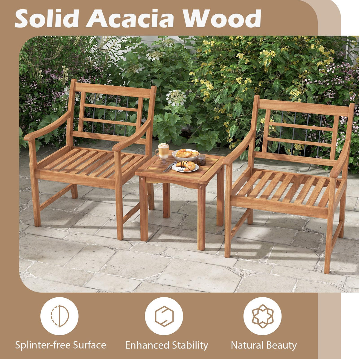 Tangkula 3 Piece Wood Patio Furniture Set, Outdoor Bistro Set w/Soft Seat Cushions, Solid Acacia Wood Frame, 2 Armchairs & Coffee Table Set for Backyard, Porch, Poolside (Off White)