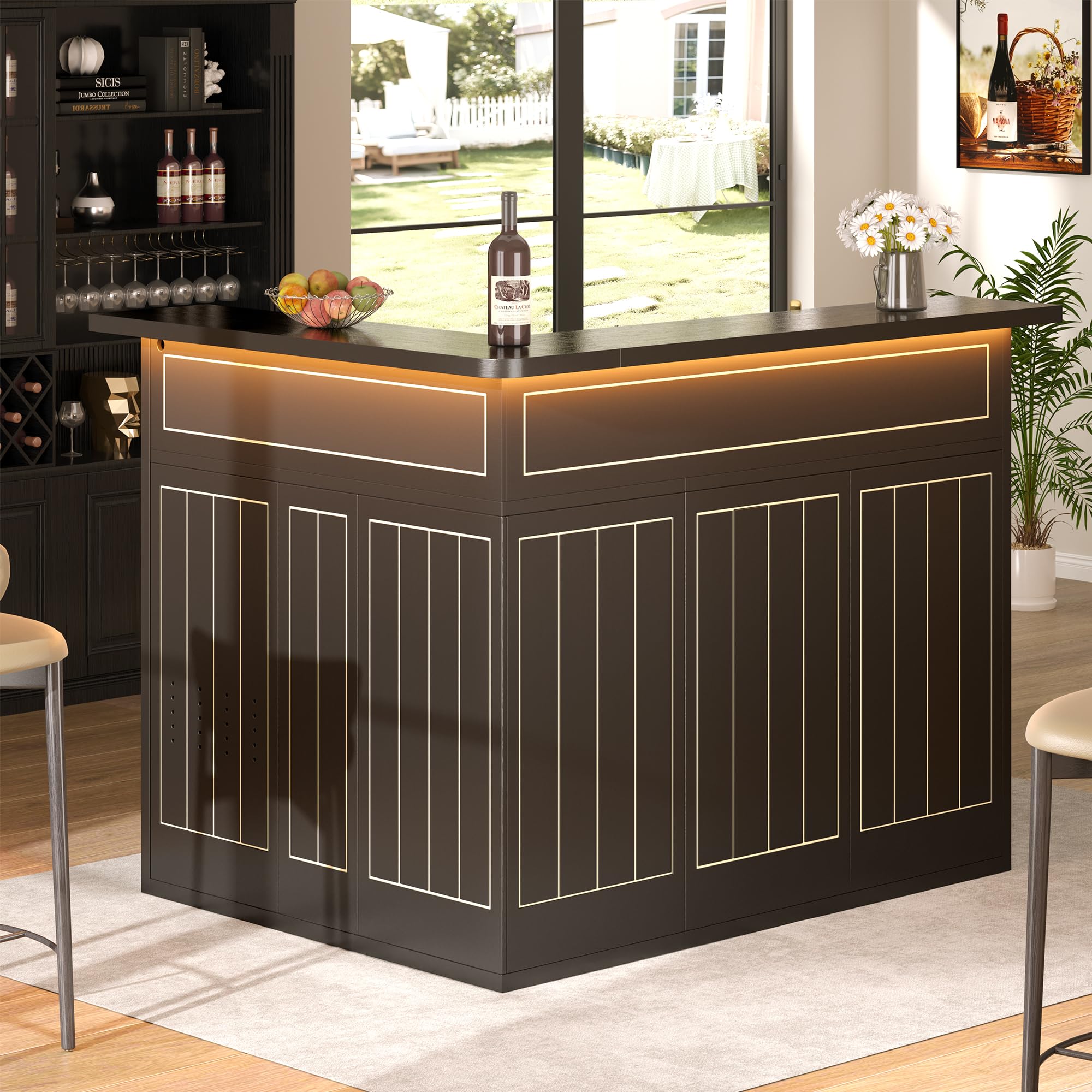 VAXZOFI L-Shape Home Bar Unit with Fridge Space & LED, Modern Liquor Wine Cabinet with Power Outlet, Wine Glass Holder, Mini Bar Table with Storage for Living Room, Basement, Home Pub, Black