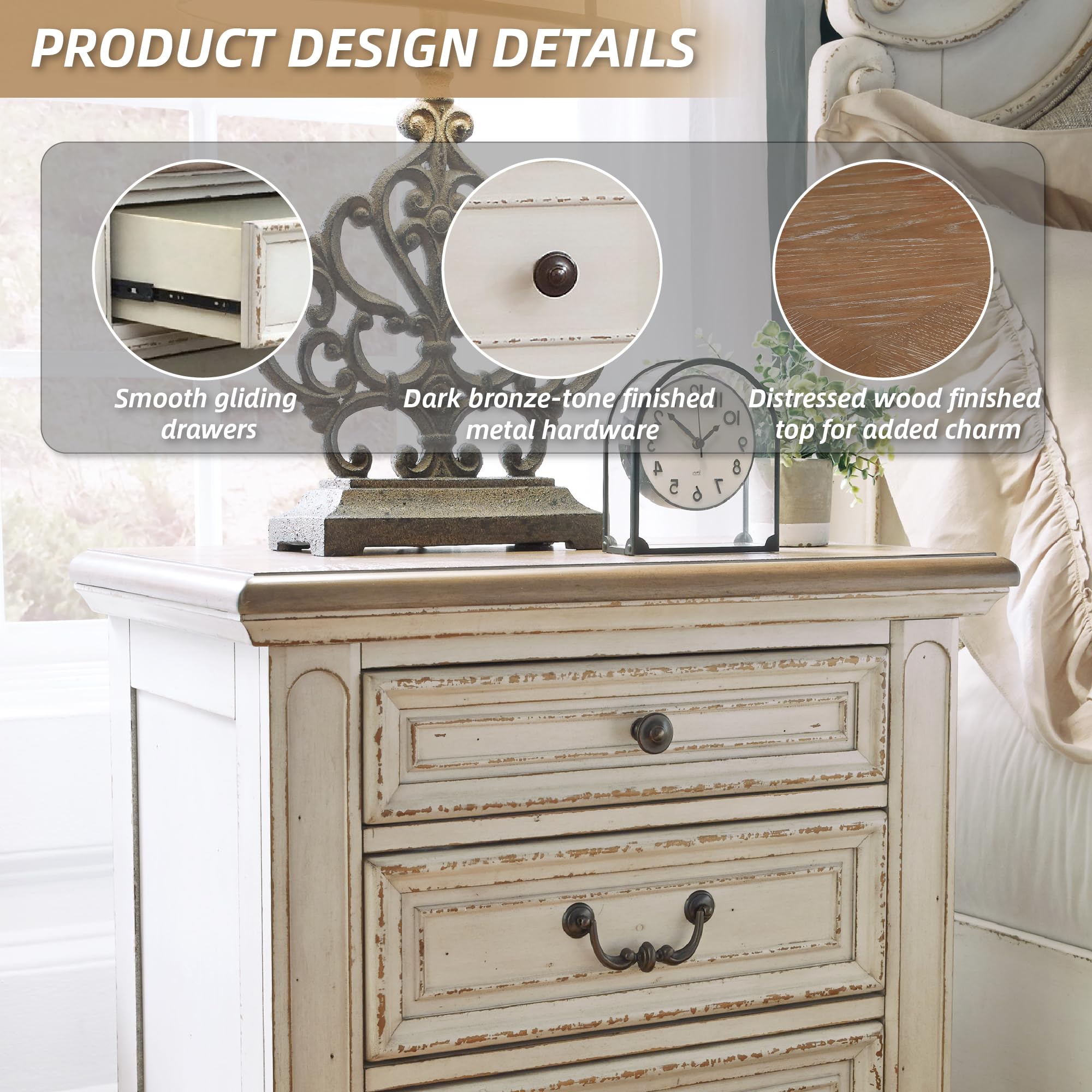 Cottage Nightstand with USB Outlets – 3 Drawer, Chipped White
