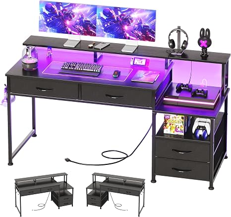 53" Computer Desk with Drawers, LED Lights & Power Outlets