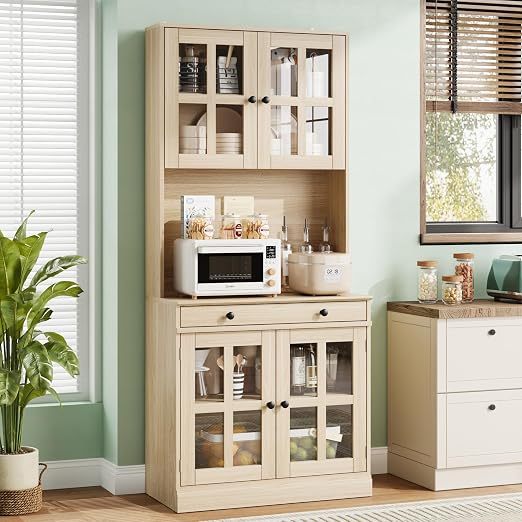 72" Farmhouse Kitchen Pantry Cabinet with Glass Doors