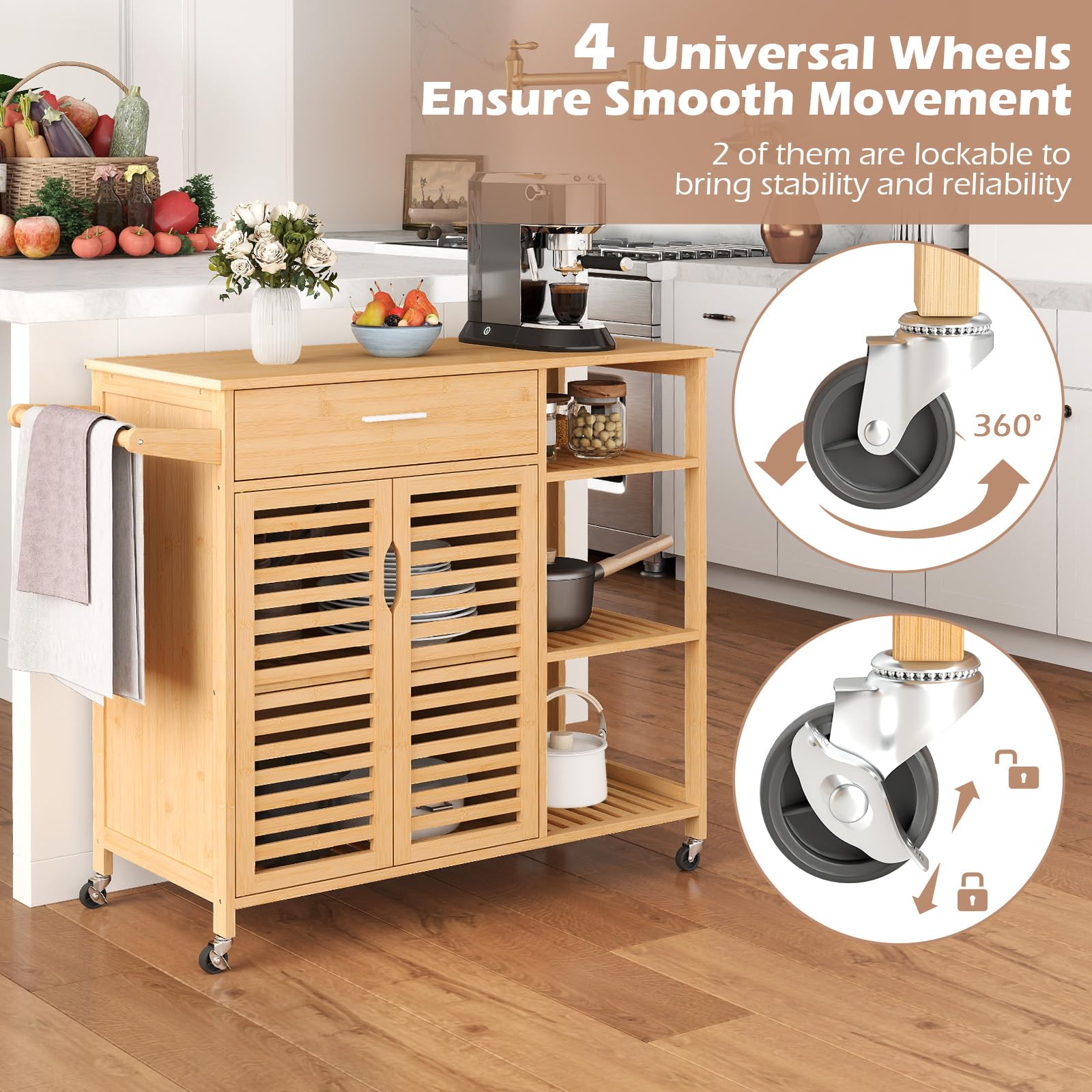 Giantex Bamboo Kitchen Island Cart, Mobile Serving Cart with Drawer, 2-Door Storage Cabinet, 3-Tier Shelves & Towel Rack, Rolling Utility Trolley for Dining Room (Natural)
