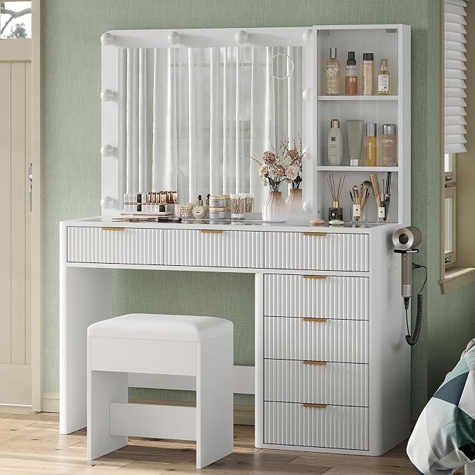 Fluted Makeup Vanity with LED Mirror