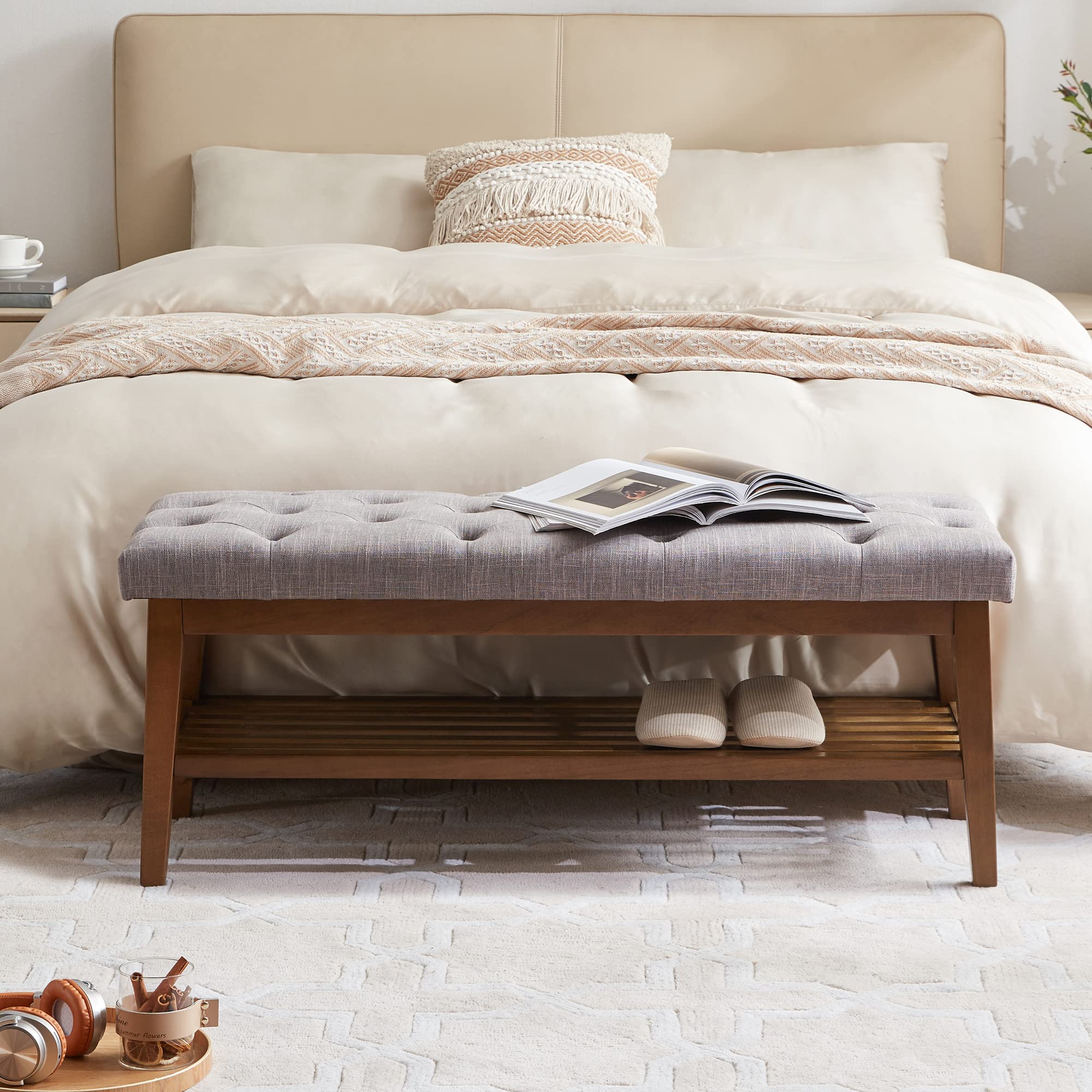 Upholstered Entryway Bench with Solid Wood Frame