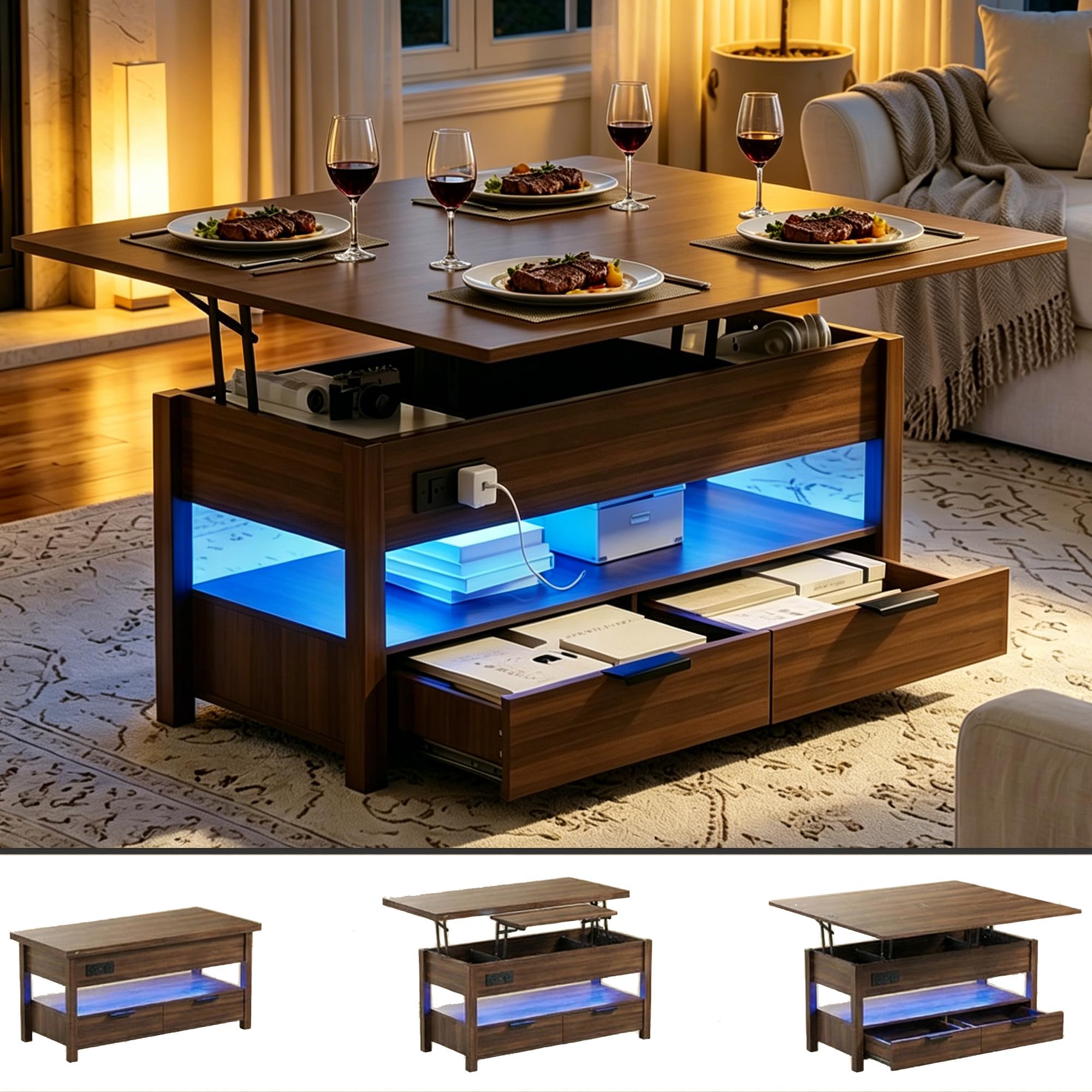 Cakhdry 40" Lift Top Coffee Table, Smart Coffee Tables with Power Outlets & LED Lights, Modern Center Table Converts to Dining Table with Lifting Top and Storage for Living Room, Walnut