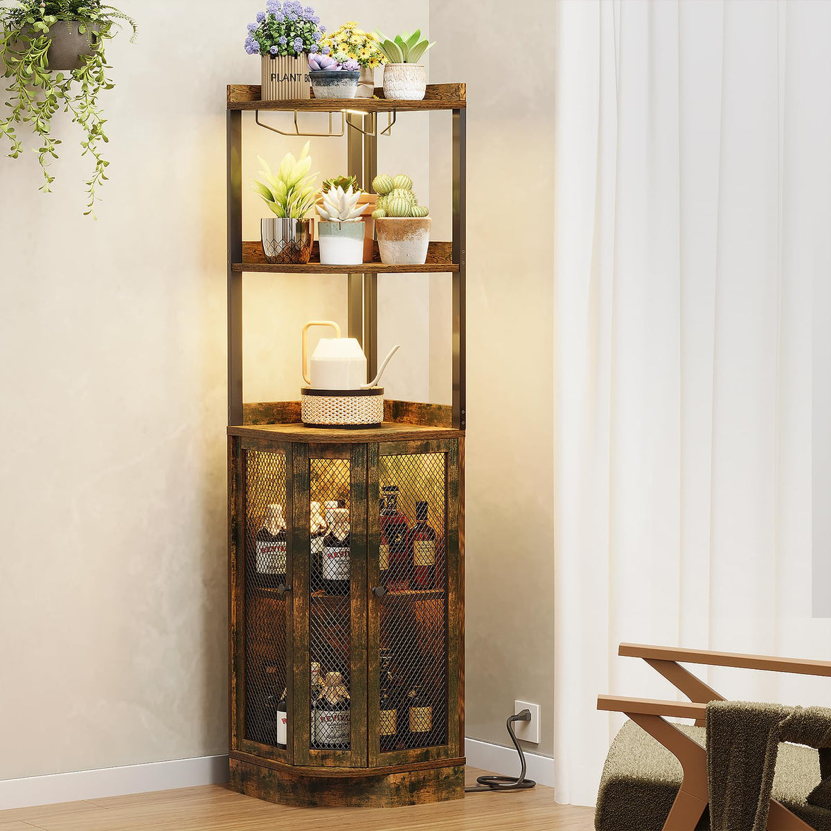 Corner Wine Cabinet with LED Lights