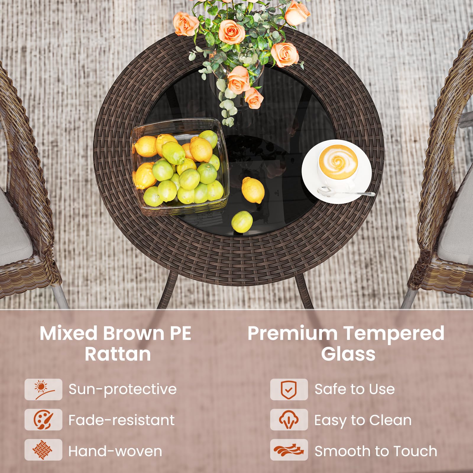 Round Wicker Patio Side Table with Tempered Glass Top & Storage Shelf