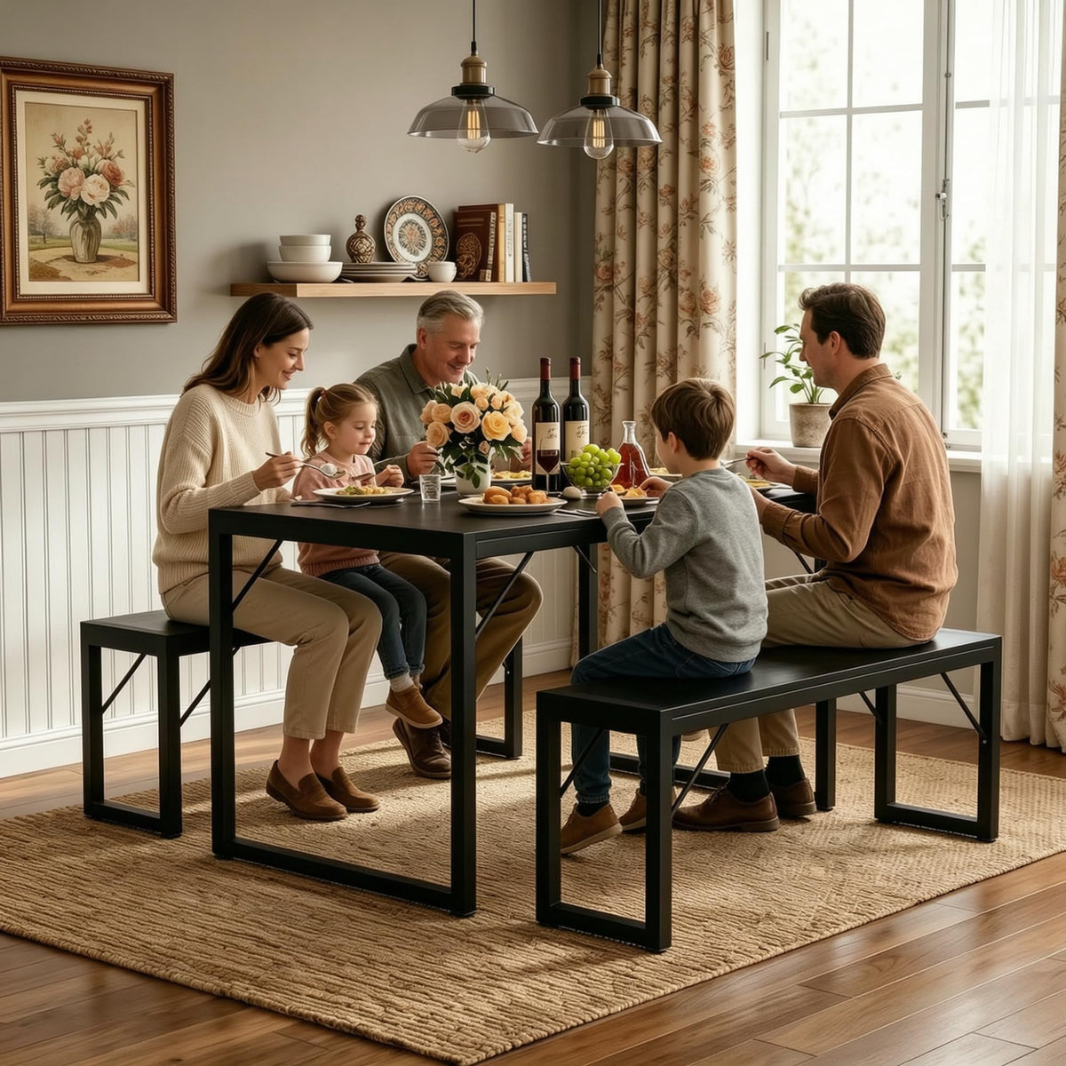 Bealife Dining Table Set for 4 with Metal Frame and MDF Board - Black
