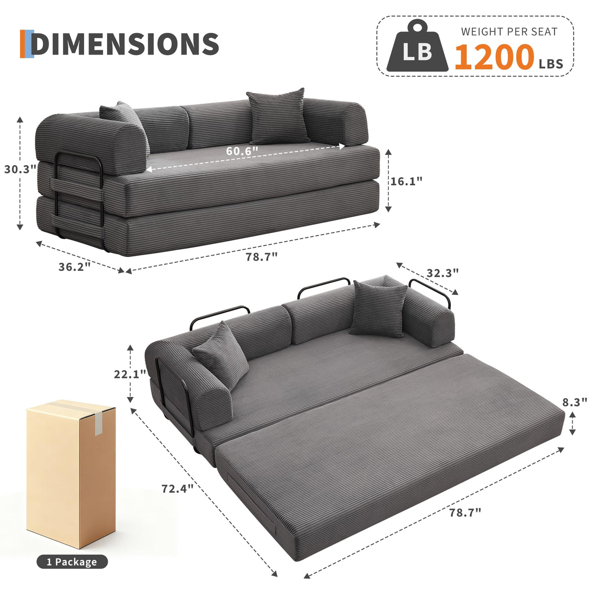 IDEALHOUSE 79" Convertible Futon Sofa Bed, Boneless Couch for Living Room