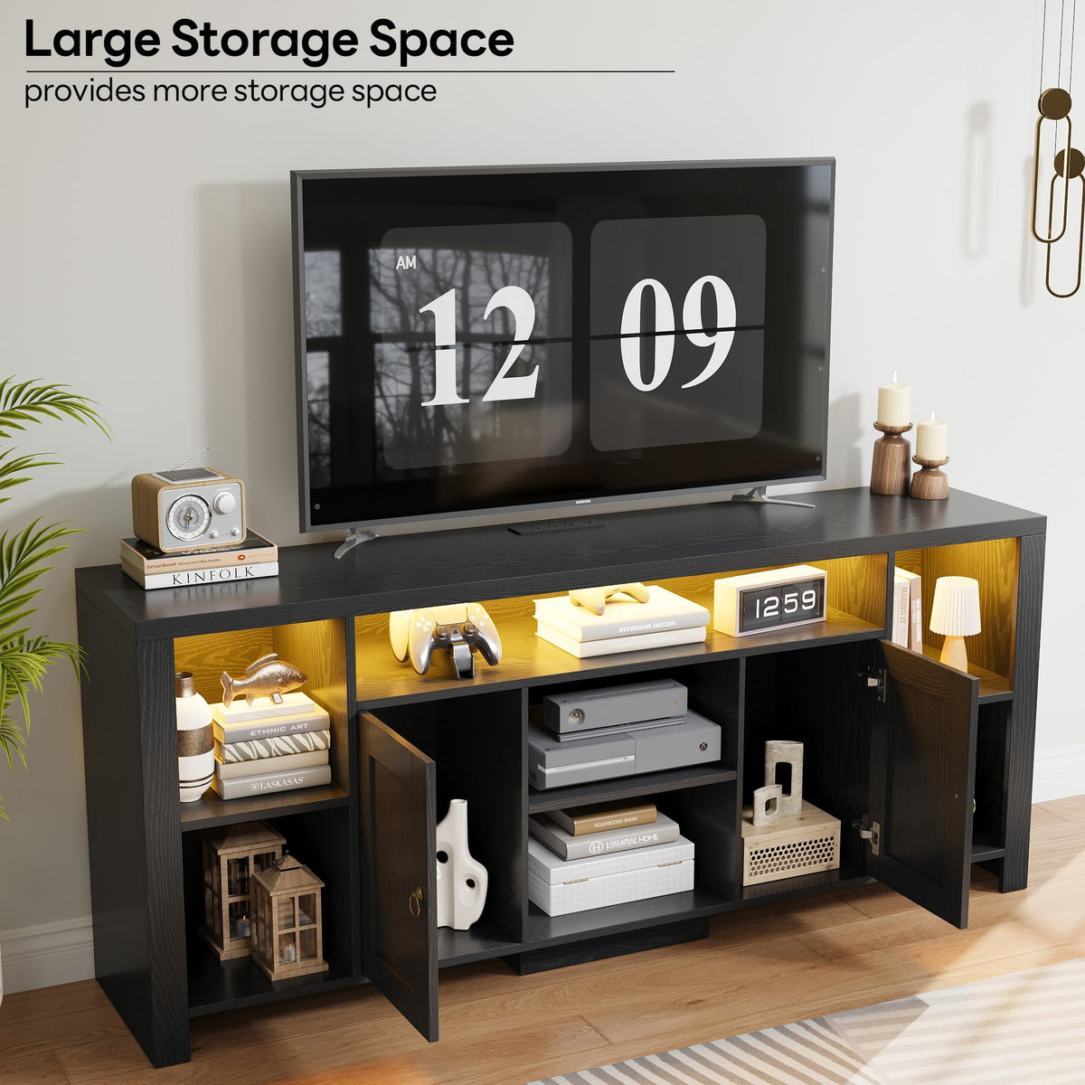 LIKIMIO 70" TV Stand for TVs up to 80", LED Entertainment Center, Black