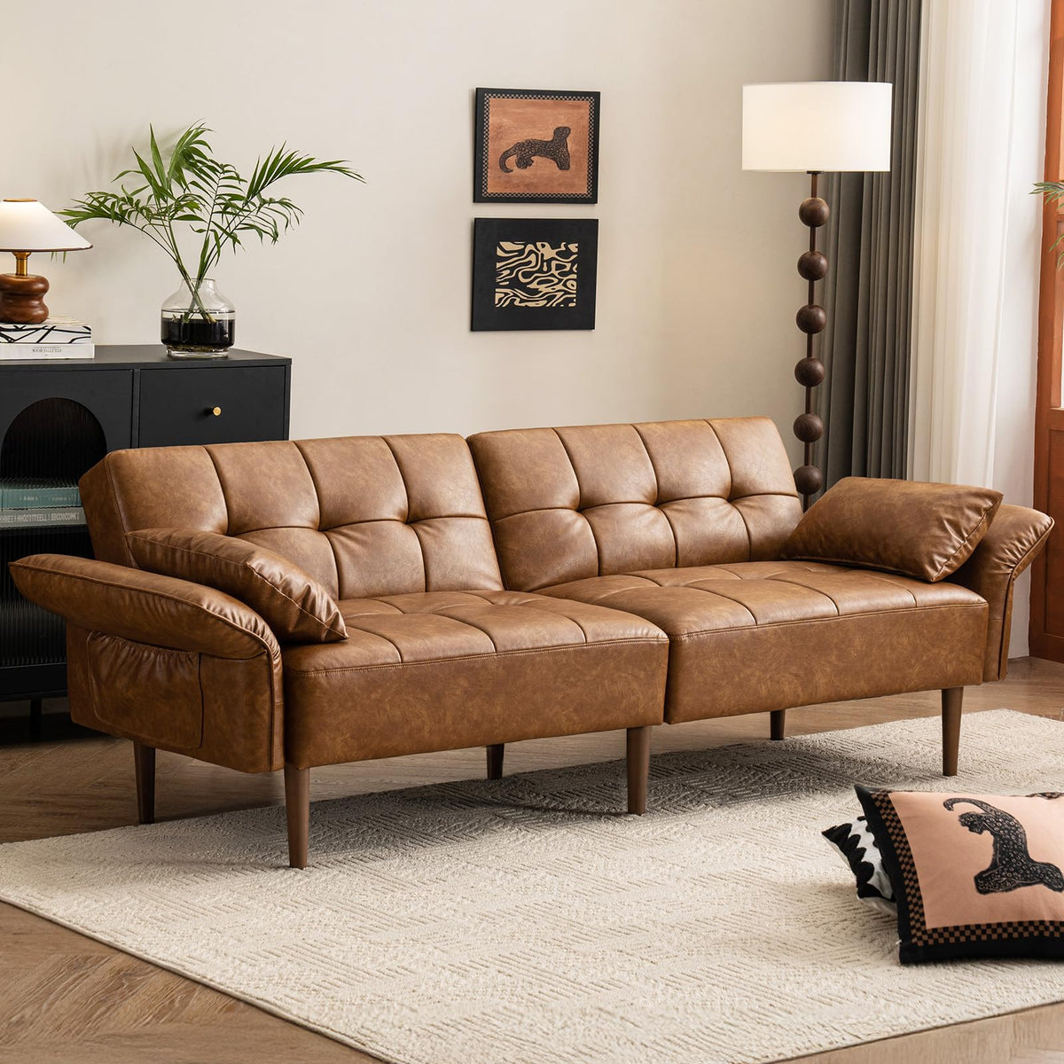 Brown Faux Leather Futon Sofa Bed