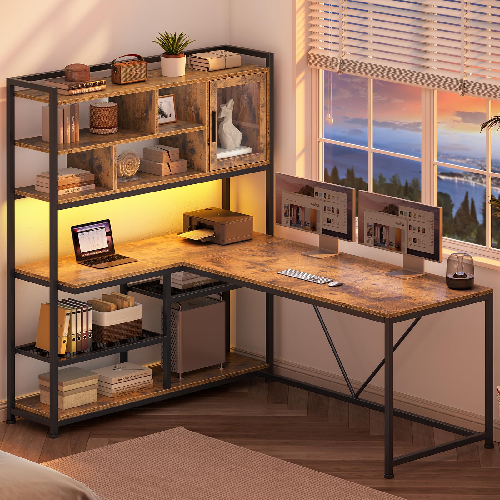 L-Shaped Desk with LED Light & Bookshelf