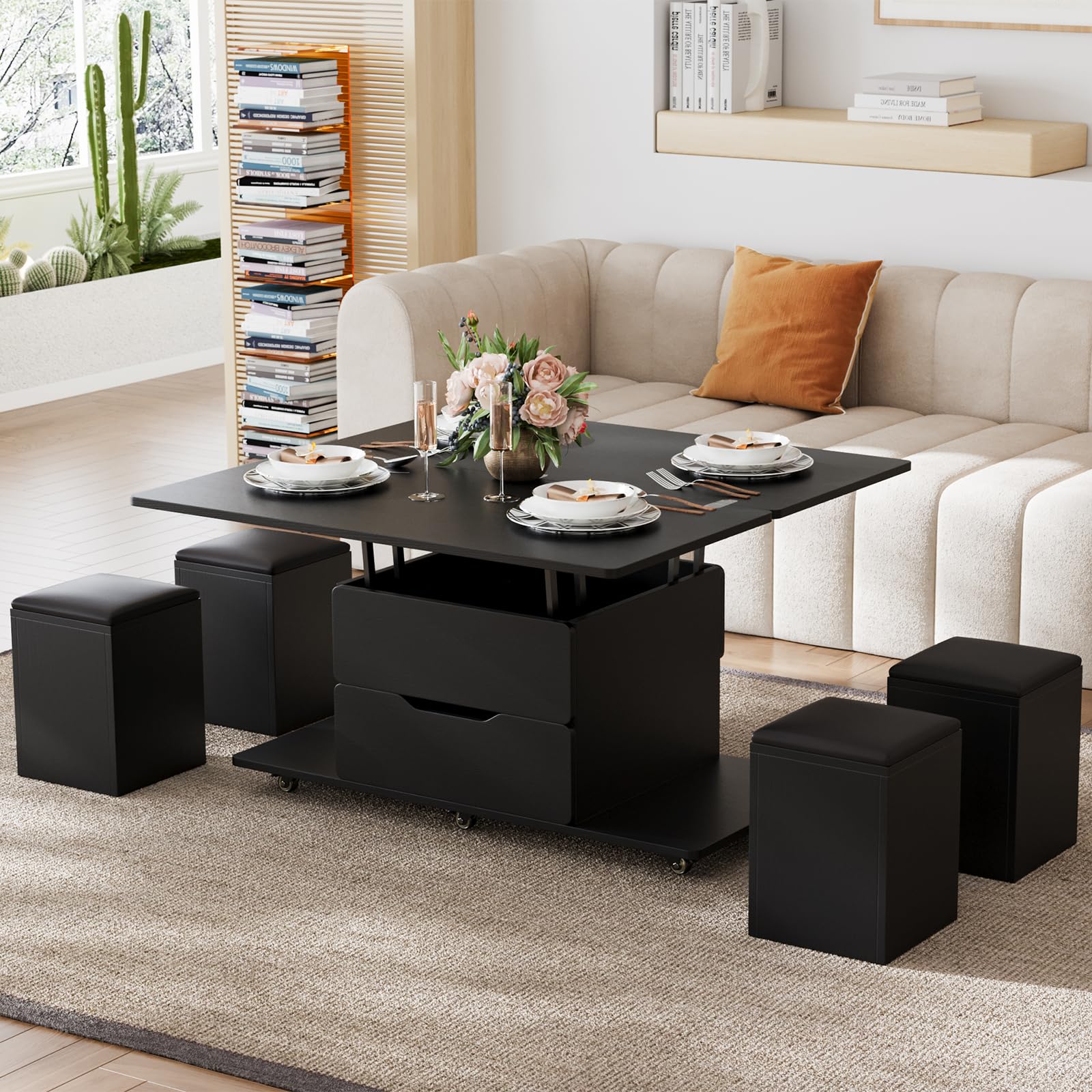 homary Coffee Table with Stools, Black 3-in-1 Modern Lift-Top Folding Center Table with Hidden Storage, Casters, and Lockable Wheels ¨C Convertible Dining & Office Table for Living Room
