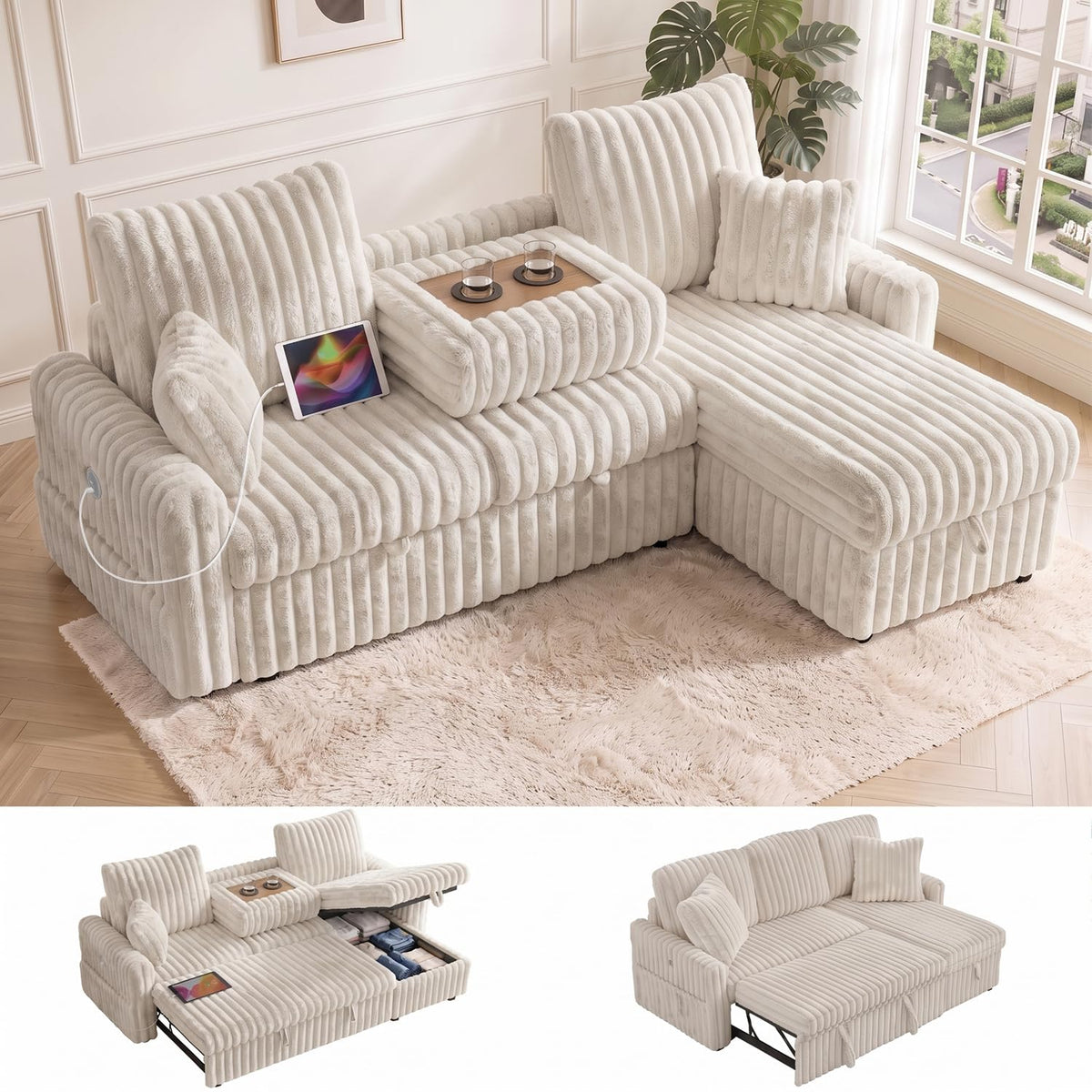 KCGKCG 81" Sleeper Sofa Bed with Storage Chaise & USB Charging, Plush Corduroy L-Shaped Pull Out Couch Bed, Sectional Couches for Living Room with Cup Holder, Side Pocket(Beige)