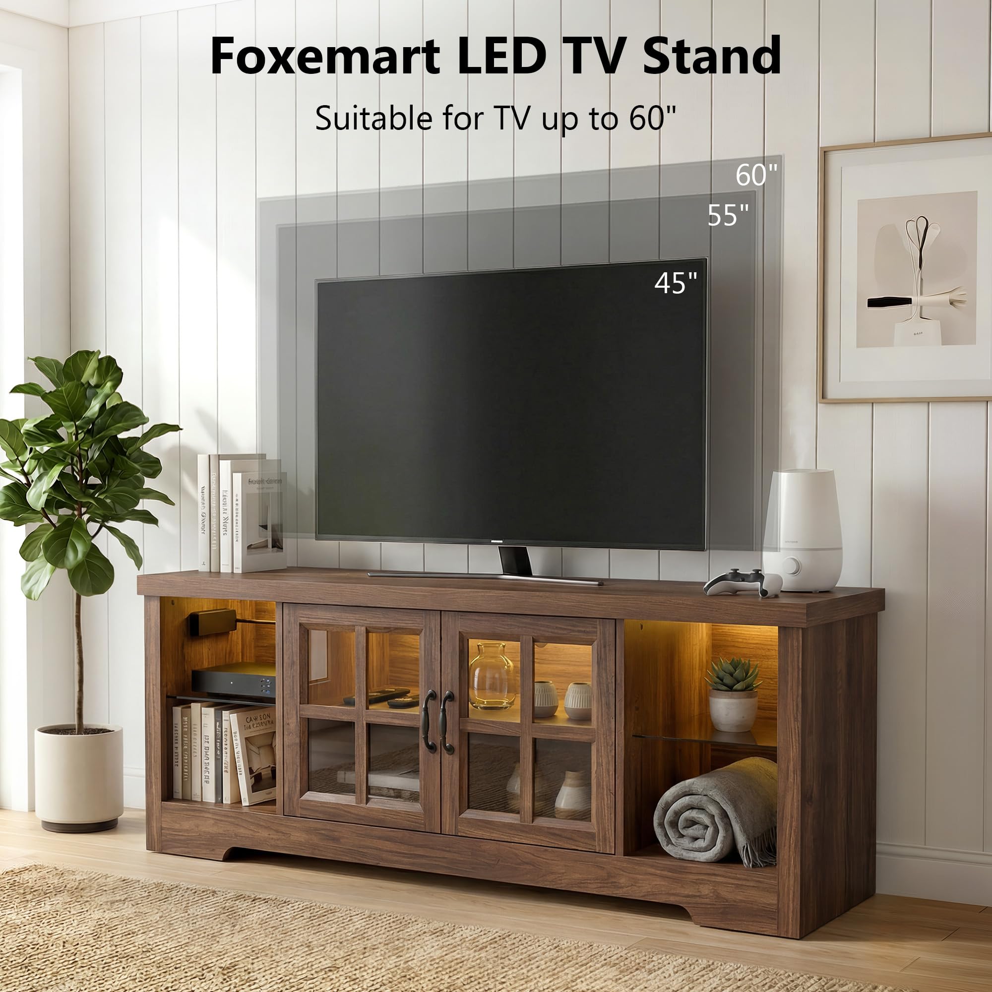 55" LED TV Stand with Charging Station & Adjustable Shelf