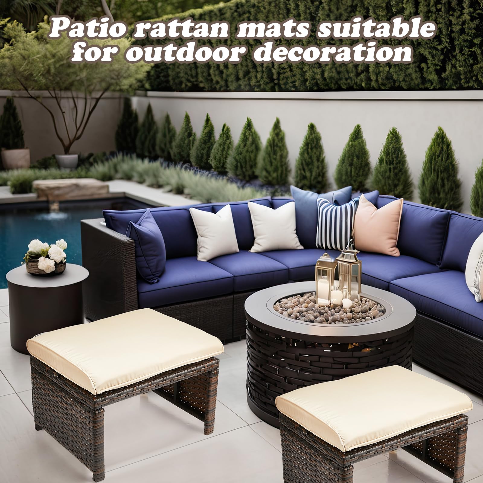 Outdoor Rattan Ottoman Set of 2 with Removable Cushions